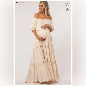 Cream Off Shoulder Ruffle Tiered Maternity Maxi Dress